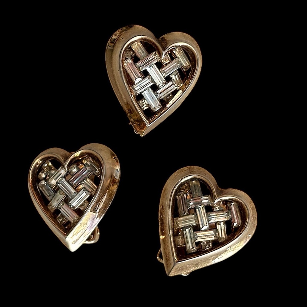 CROWN TRIFARI Vintage 1940s Signed Brooch & Earring Set With Diamanté Baguettes